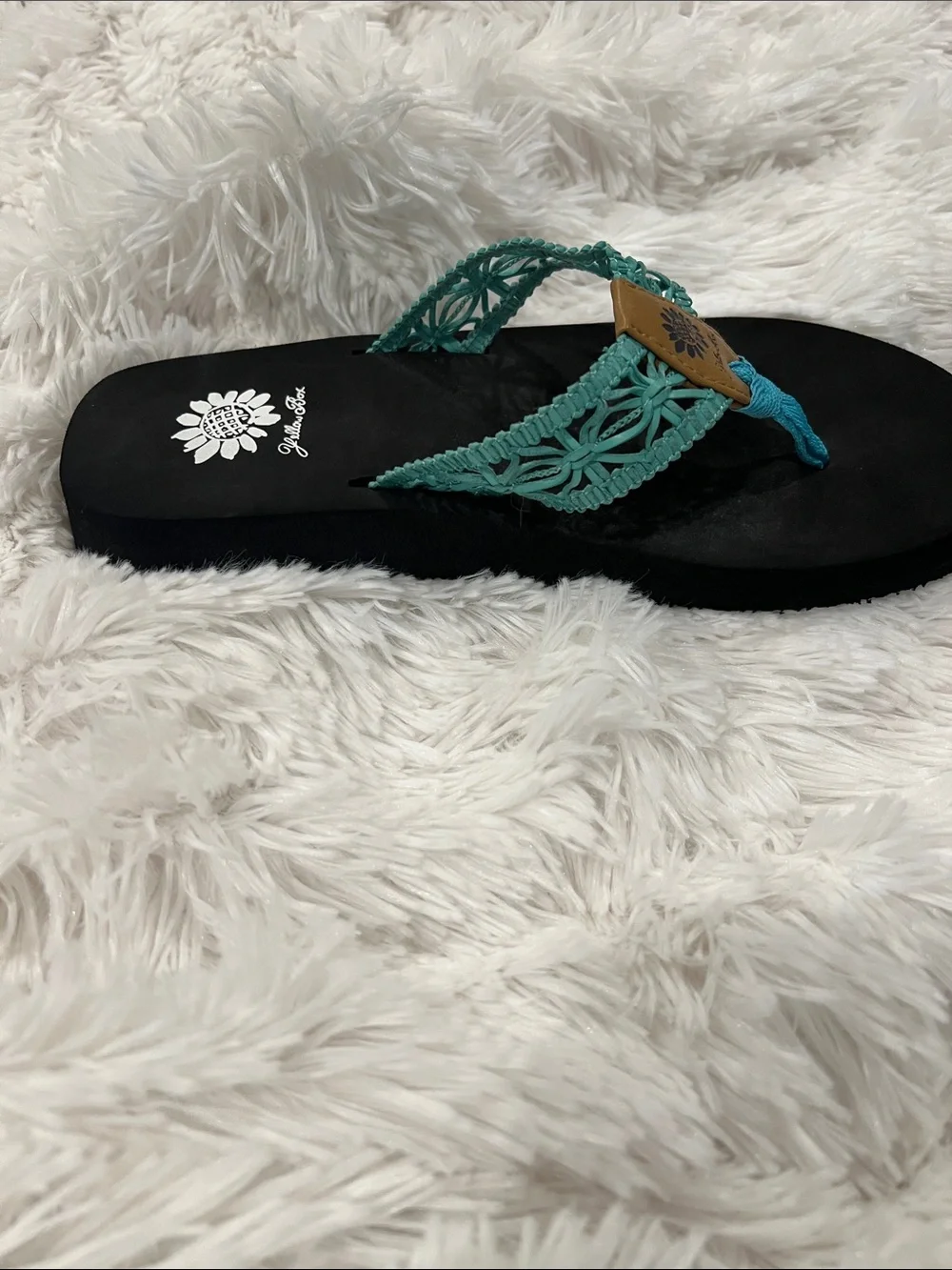 Yellow Box Black Flip Sandals with Teal Crochet Straps - Picture 2 of 3
